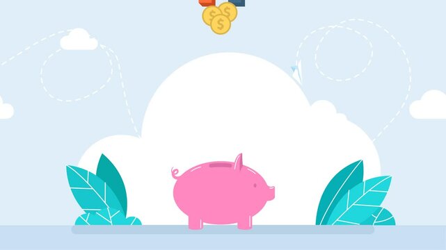Pink money box. Businessman uses a magnet to suck money from a piggy bank. Monetary policy to control inflation, stimulating deposit to reduce money supply, financial measures. 2d flat animation