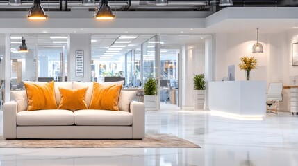 Modern Office Lobby Sofa: A stylish off-white sofa with three burnt orange throw pillows sits in a bright and modern office lobby, creating a welcoming and comfortable space for guests and employees.