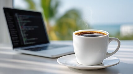 Coding and Coffee: A steaming cup of coffee sits beside an open laptop displaying code, creating an atmosphere of productivity and focus for remote work or studying.