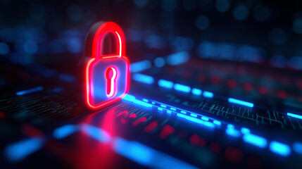 A neon pink and blue padlock icon glows on a futuristic circuit board, symbolizing cybersecurity and digital protection.