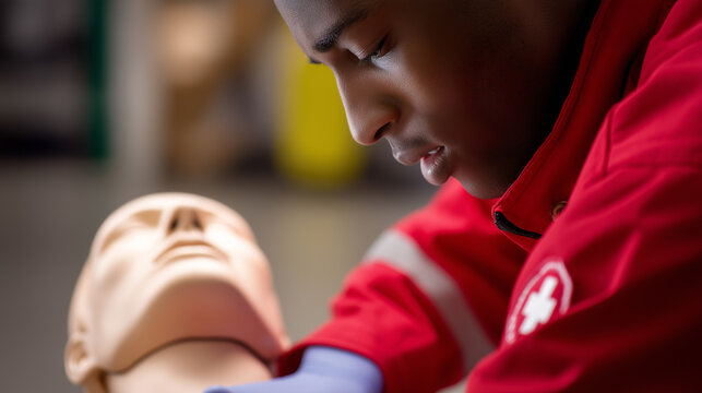 A first responder in red uniform demonstrates CPR on a medical mannequin, highlighting emergency preparedness and life-saving training techniques.