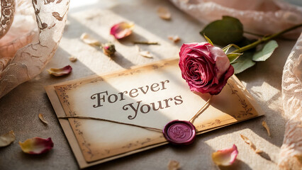 A tender Forever Yours love letter sealed with rose wax beside a crimson rose promising unending affection in golden