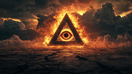 Mystical triangle with eye above burning landscape