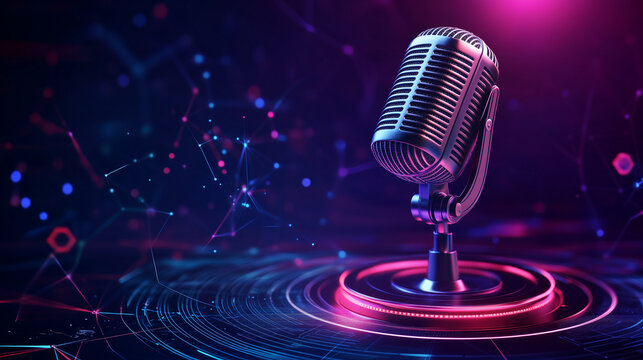 Podcast recording mic with neon tech background