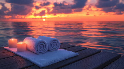 Wooden deck towels with ocean view in golden hour