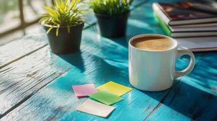 Workspace scene with plants, coffee, and notes