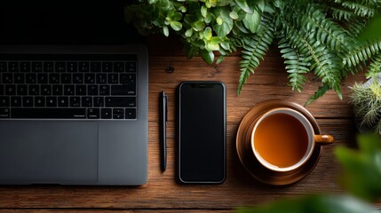 Cozy home office boost productivity with coffee and tech in a focused workspace