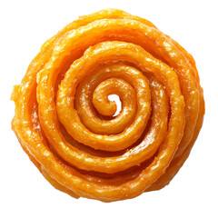 A single jalebi sweet with a spiral shape on a black background view