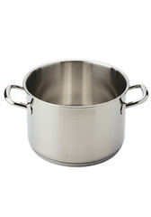 A brand new, empty, highly polished, sleek, circular, deep stainless steel cooking pot with sturdy metallic handles and reflective surface, isolated on a seamless transparent studio background with