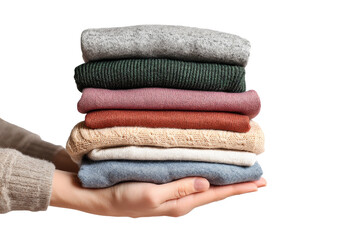 Hands holding stack of folded colorful clothes isolated on transparent background.