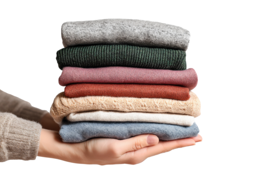 Hands holding stack of folded colorful clothes isolated on transparent background.