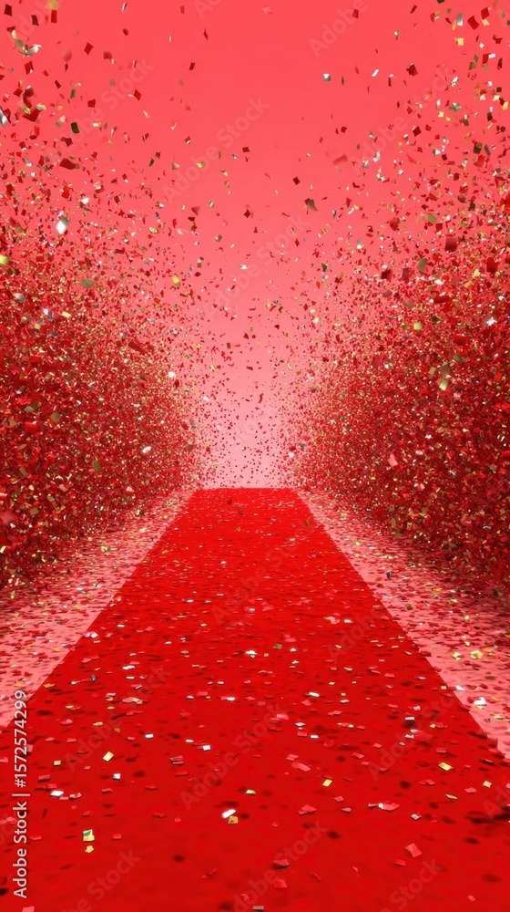 Poster playful animation of a red carpet entrance with a lively crowd and confetti falling creating an invi