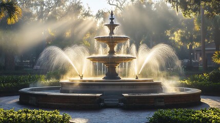 Majestic Fountain Basking In Morning Sunlight