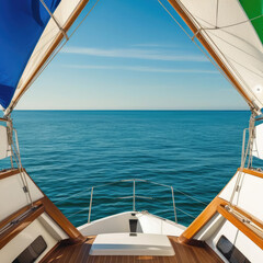View of the Open Ocean from the Deck of a Sailboat, Framing a Serene Seascape with Blue Sky and Water