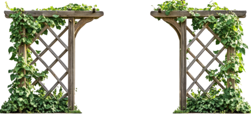 Two weathered wooden arbors, adorned with climbing plants