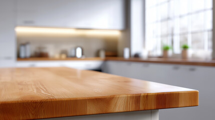 A polished wooden countertop in the foreground with a blurred modern kitchen in the background.
