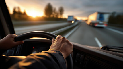 Close-up of hands on a steering wheel, driving on a highway at sunset with blurred trucks in the distance.
