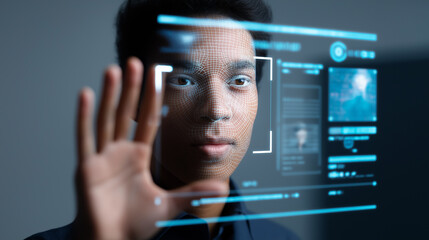 A young man interacts with a transparent holographic screen displaying facial recognition data and futuristic interface elements.
