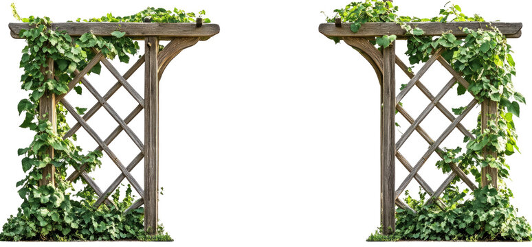 Two weathered wooden arbors, adorned with climbing plants
