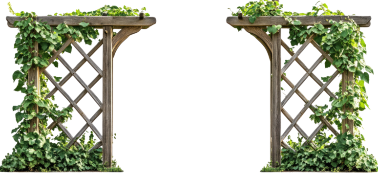 Two weathered wooden arbors, adorned with climbing plants