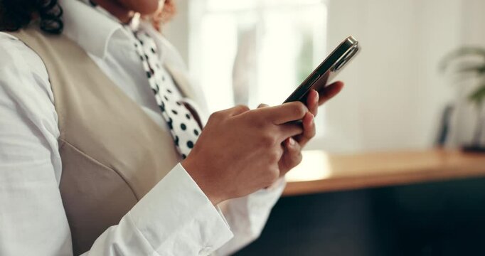 Concierge, phone and hands pf woman at hotel for front desk, check in and reservation schedule. Online booking, appointment and hospitality review with person typing for information desk and chat