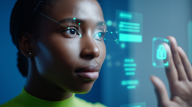 A young African American woman interacts with a futuristic holographic interface, featuring facial recognition and data points.