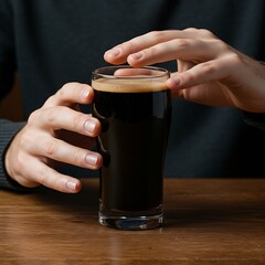 A person's hands gently warming a glass of stout, suggesting appreciation and the rich aroma
