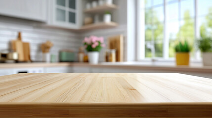 A polished wooden countertop in the foreground with a blurred modern kitchen in the background.
