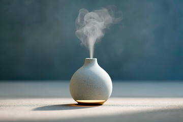 Stylish ceramic aroma diffuser with elegant shape emitting steam in soft natural light