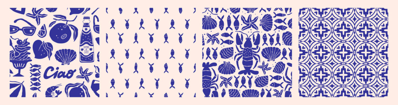 Amalfi coast hand-drawn seamless pattern collection: seafood, sardines and tiles. Retro vibes in naive Mediterranean style. Perfect for fabric, kitchen decor, wrapping, and summer food design.