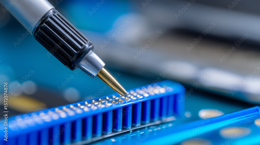 Poster a close-up view of a soldering iron tip poised over a microchip on a circuit board, indicating elect
