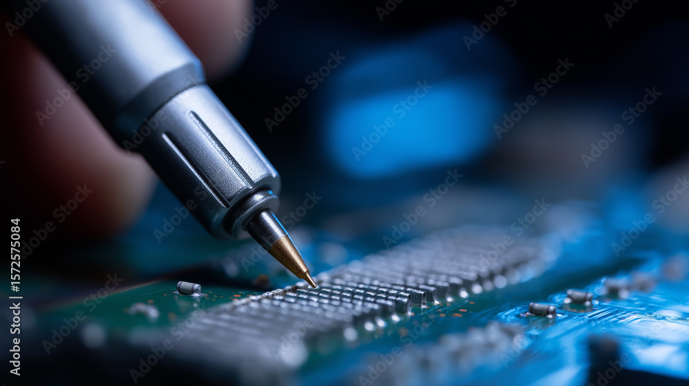 Poster a close-up view of a soldering iron tip poised over a microchip on a circuit board, indicating elect
