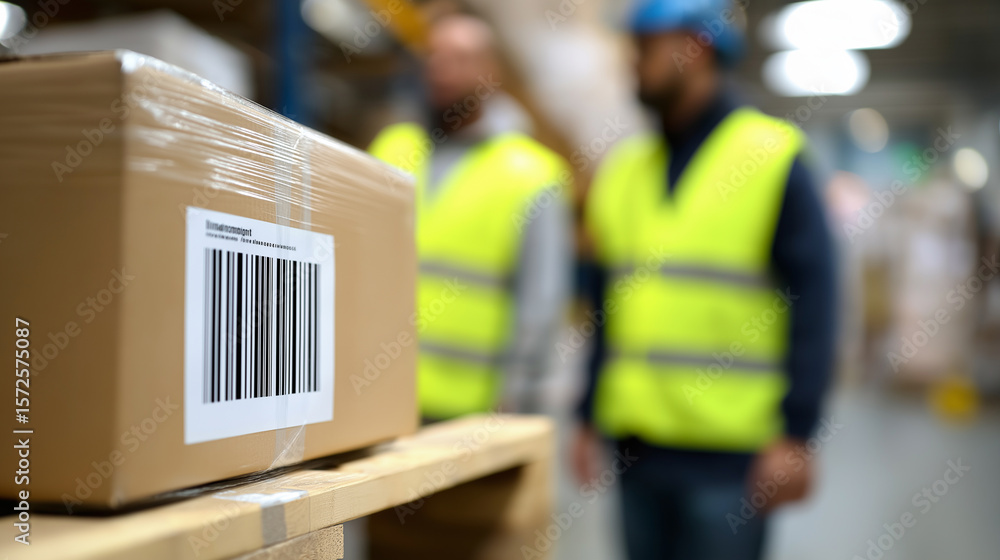 Poster a single cardboard box sits in focus on a conveyor belt with a blurred background of a large warehou