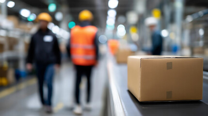 Naklejka premium A single cardboard box sits in focus on a conveyor belt with a blurred background of a large warehouse and workers. 