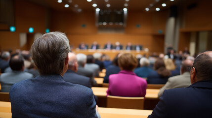 A courtroom scene with the backs of a jury or audience in the foreground and blurred judges visible in the background.
