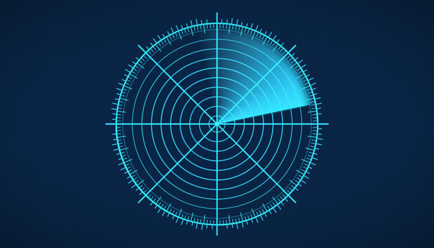 Illustration of a radar screen in blue with scanning beam on dark background - virtual dashboard interface.