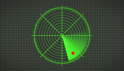 Illustration of a radar screen in green with scanning beam on dark background - virtual dashboard interface.