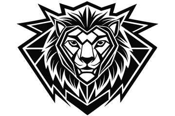 Geometric lion head displays intricate line work and a stylized diamond patterned background element