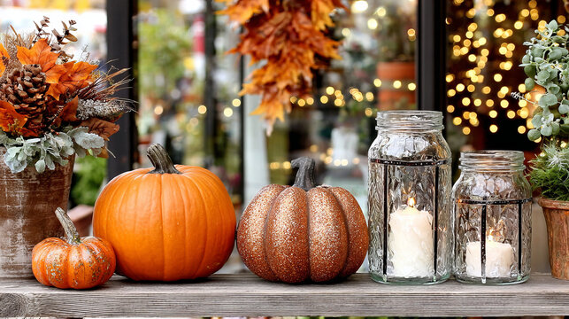 Rustic harvest table with pumpkins, apples, candles flickering, leaves falling slowly in the background, warm golden tones, vintage cozy autumn aesthetic Thanksgiving Halloween