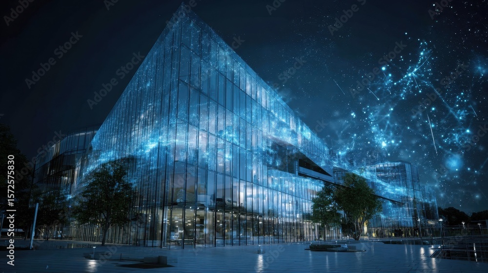 Poster a captivating nighttime scene showcases a contemporary glass building adorned with a holographic dat