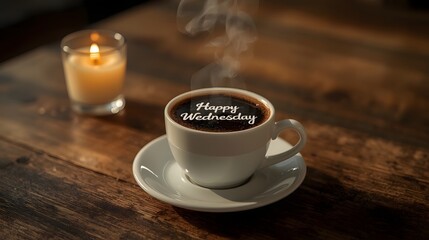 A steaming mug of aromatic coffee rests near a glowing candle, creating a tranquil atmosphere for a cozy Happy Wednesday morning ritual on rustic wood.