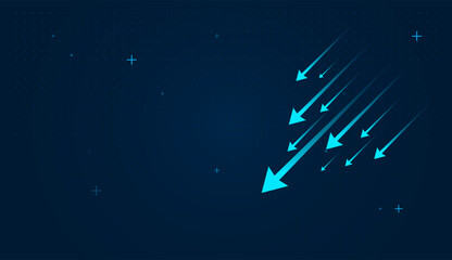 A powerful upward trend or breakthrough performance vector. Set on a dark blue digital grid background, the glowing arrows emphasize a futuristic and high-tech atmosphere
