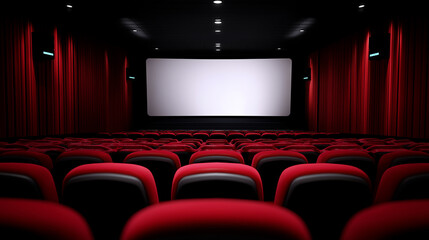 Obraz premium An empty cinema auditorium features rows of red seats, a large blank screen, and red velvet curtains. 