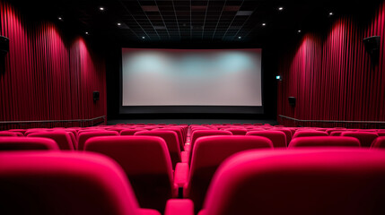 An empty cinema auditorium features rows of red seats, a large blank screen, and red velvet curtains.
