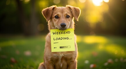 Adorable puppy dog holds a humorous weekend loading message on a sticky note, showcasing pets, relaxation, and the anticipation of a fun weekend outdoors.