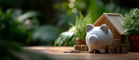 Investing for future growth piggy bank with coins and house in a lush green environment