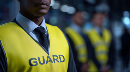 A security guard in a yellow reflective vest with the word "GUARD" visible stands attentively with blurred colleagues in the background.
