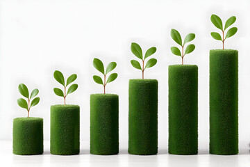 Sustainable Growth: A captivating image portraying a conceptual visual of business and nature with vibrant, budding green sprouts emerging from a rising series of lush green columns.