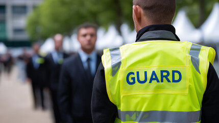 Fototapeta premium A security guard in a yellow reflective vest with the word 