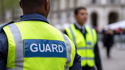 A security guard in a yellow reflective vest with the word "GUARD" visible stands attentively with blurred colleagues in the background.
